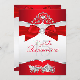 Regal Red Silver Tiara Pearl Bow Quinceanera Invitation