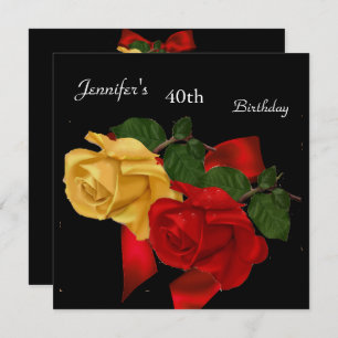 Regal Red Yellow Rose 40th Birthday Party Black Invitation