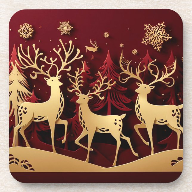 Regal Reindeer Ensemble – Paper-Cut Forest Beverage Coaster (Front)