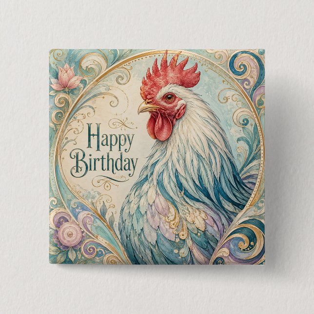Regal Rooster Birthday Flourish Button (Front)