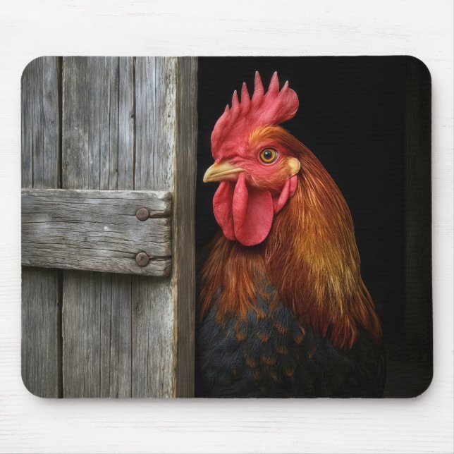 Regal Rooster Peeking Around Barn Door Mouse Pad (Front)