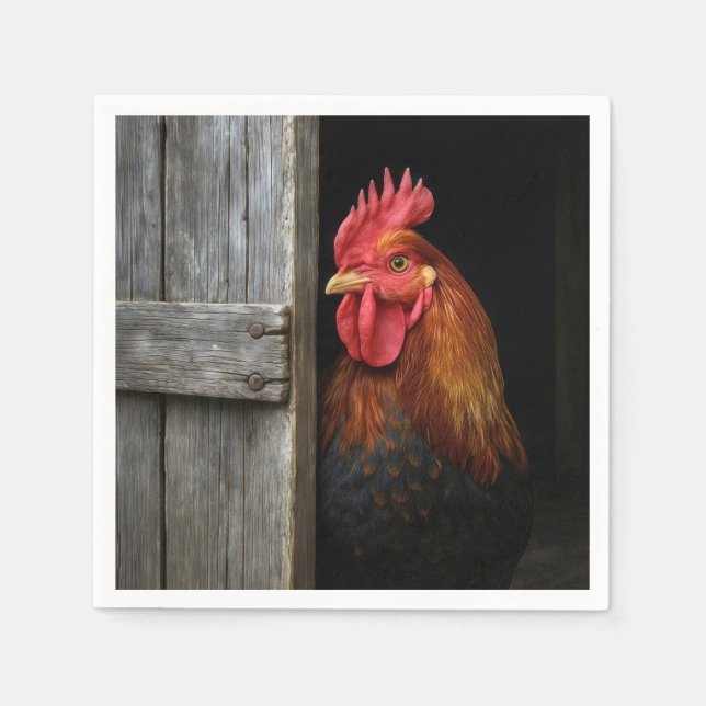 Regal Rooster Peeking Around Barn Door Napkins (Front)