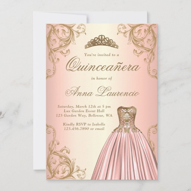 Regal Rose Gold Damask Decorative Quinceanera Invitation (Front)