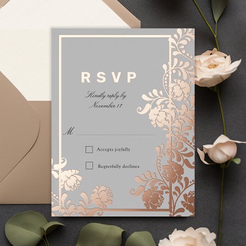 Regal Rose Gold Flowers Gray Wedding RSVP Foil Invitation Postcard