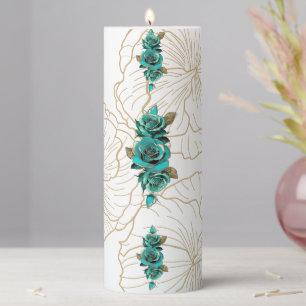 Regal Roses in Teal and Gold Pillar Candle