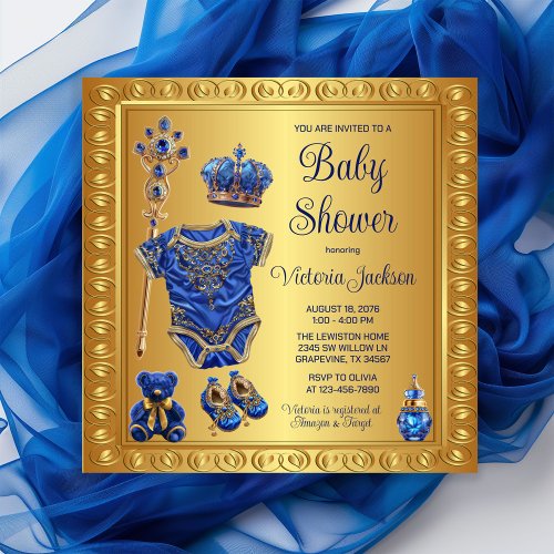 Regal Royal Blue Gold Prince Baby Shower Invitation