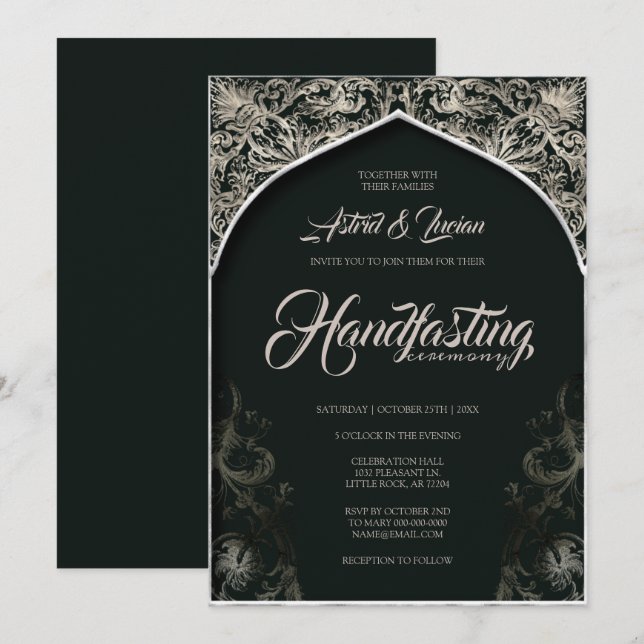 Regal Silver Flourish Hunter Green Handfasting Invitation (Front/Back)