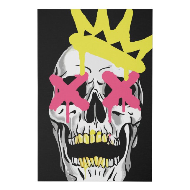 Regal Skull: Pink X-Eyed Crowned Art Faux Canvas Print (Front)