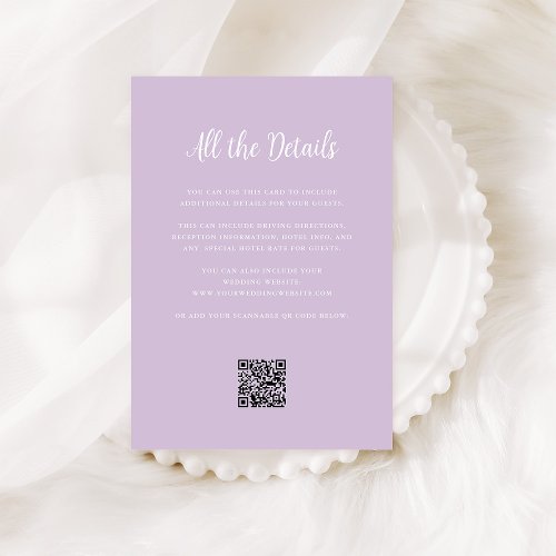 Regal Soft Lavender  Wedding Details QR Code Enclosure Card