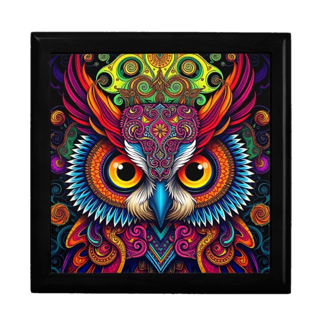 Regal Stained Glass Owl: Red Blue Art Gift Box (Front)