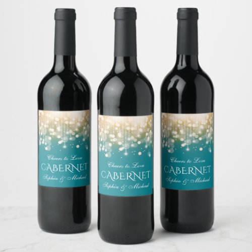 Regal Turquoise and Gold Bokeh Lights Wine Label