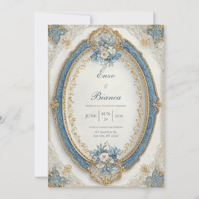 Regal Victorian Gold Blue Oval Frame Wedding Invitation (Front)