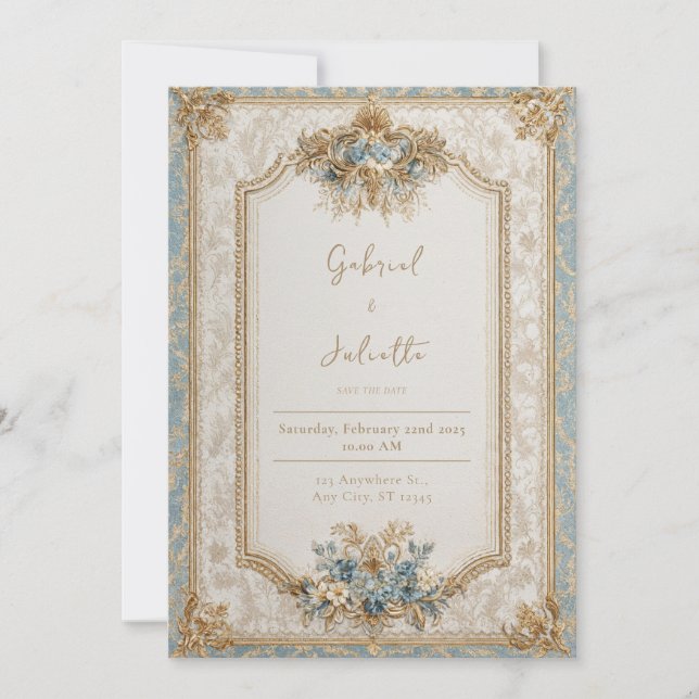 Regal Victorian Gold Brocade Dusty Blue Wedding Invitation (Front)