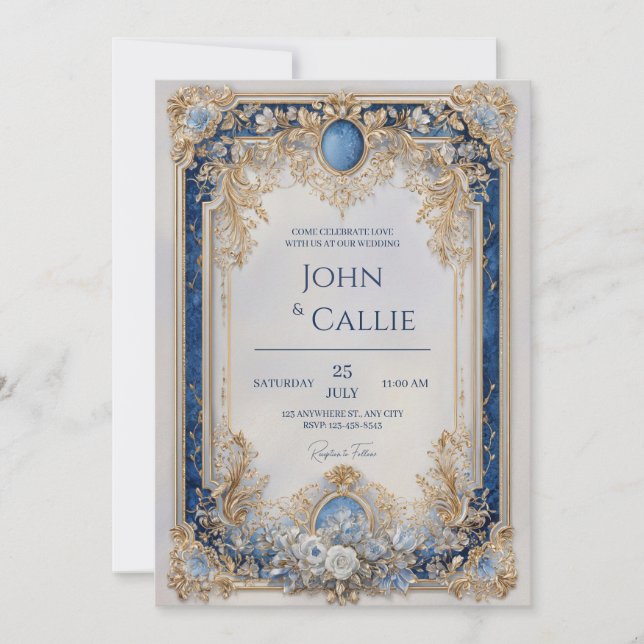 Regal Victorian Sapphire Blue Gold Baroque Wedding Invitation (Front)