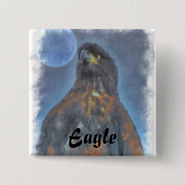 Regal Young Bald Eagle and Moon Painting Button (Front)