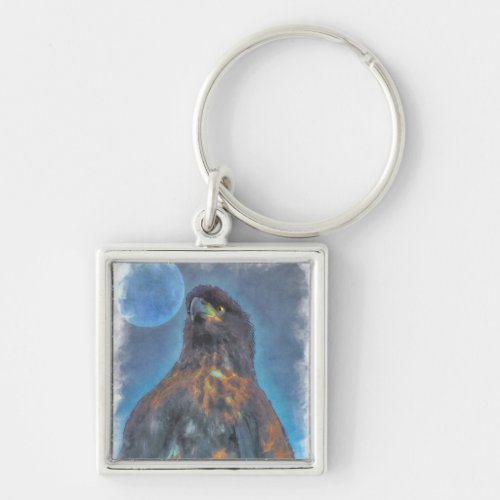 Regal Young Bald Eagle and Moon Painting Keychain