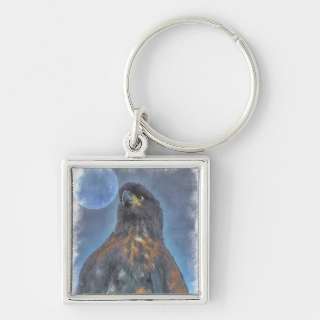 Regal Young Bald Eagle and Moon Painting Keychain (Front)