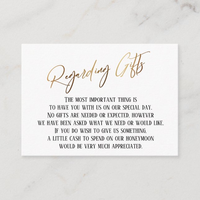 Regarding Gifts Modern Gold Handwriting Wedding Enclosure Card (Front)