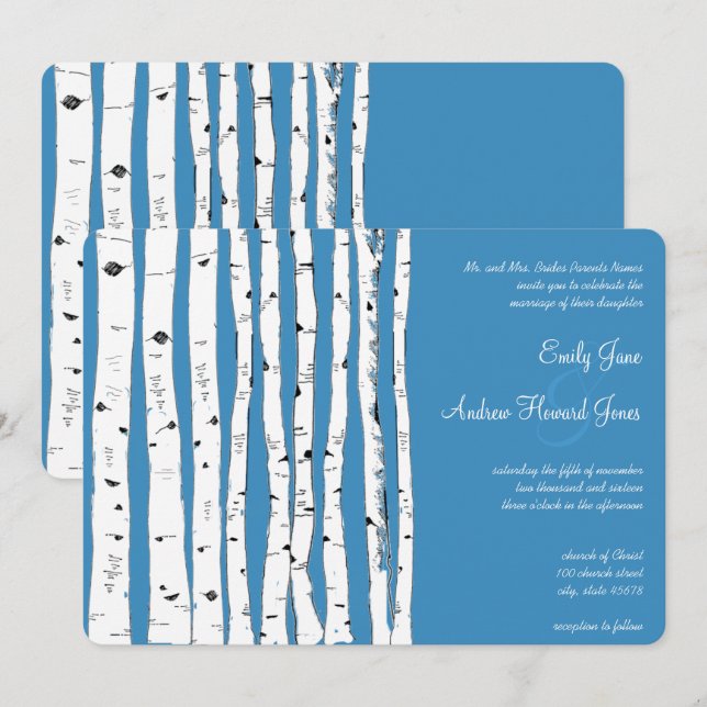 Regatta Blue Birch Tree Wedding Invitations (Front/Back)
