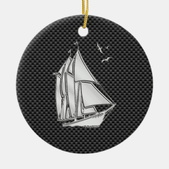 Regatta Sailboat on Carbon Fiber Style Ceramic Ornament (Front)