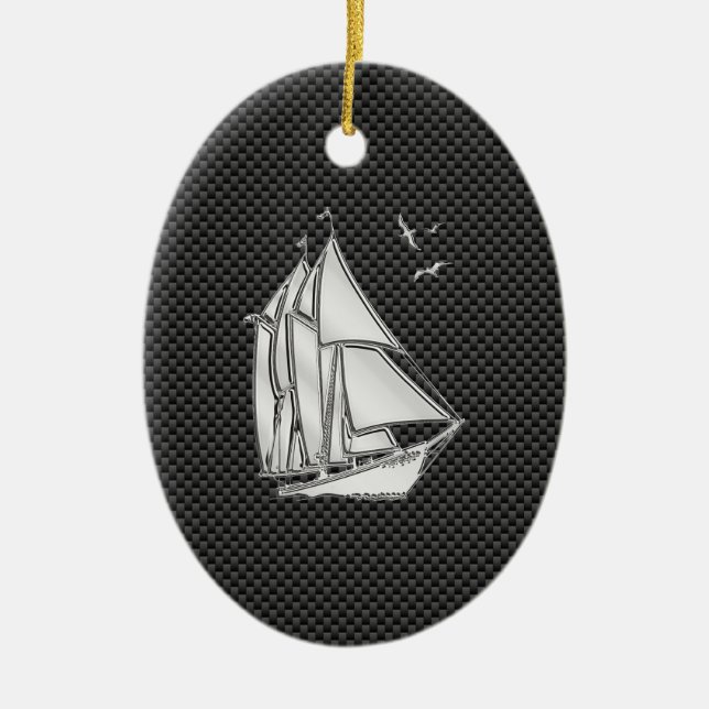 Regatta Sailboat on Carbon Fiber Style Ceramic Ornament (Front)