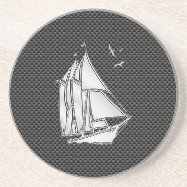 Regatta Sailboat on Carbon Fiber Style Drink Coaster (Front)