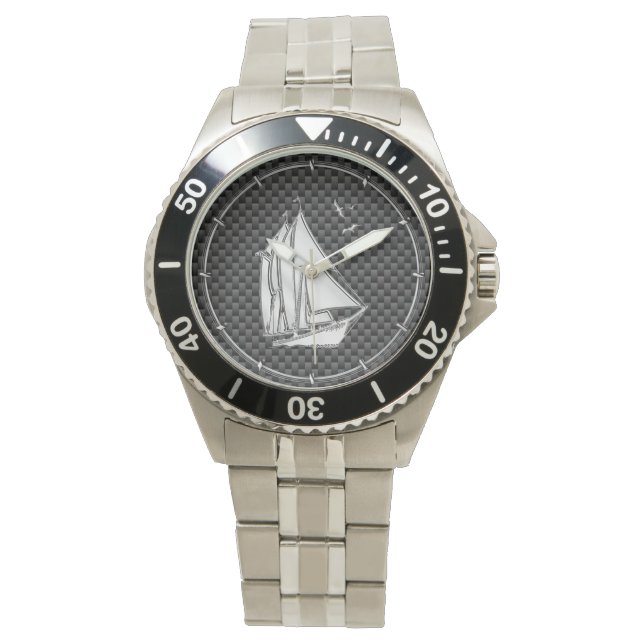 Regatta Sailboat on Carbon Fiber Style Watch (Front)