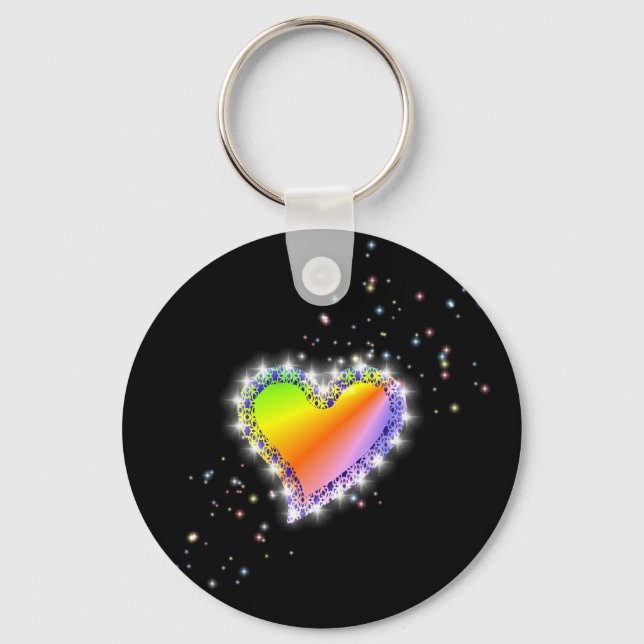 Regenbogen-Herz mit Sternchen auf schwarz Keychain (Front)