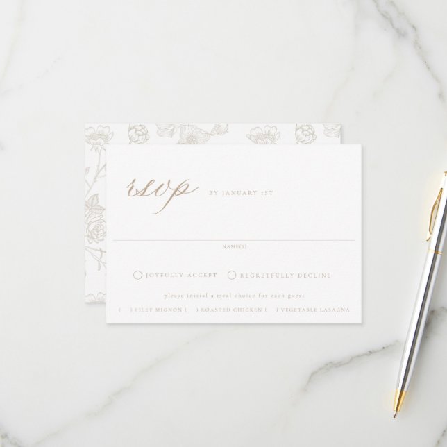Regency Beige Floral Meal Choice Wedding RSVP Card (Front/Back In Situ)