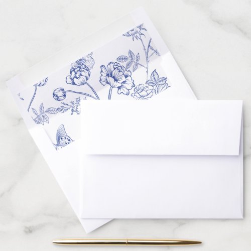 Regency Blue Chinoiserie Floral Wedding Invitation Envelope Liner