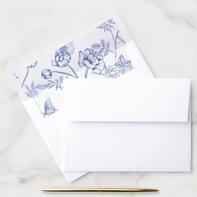Regency Blue Chinoiserie Floral Wedding Invitation Envelope Liner (Desk)