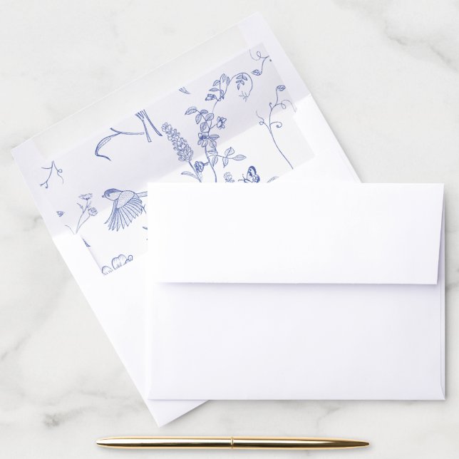 Regency Blue Chinoiserie Floral Wedding Invitation Envelope Liner (Desk)