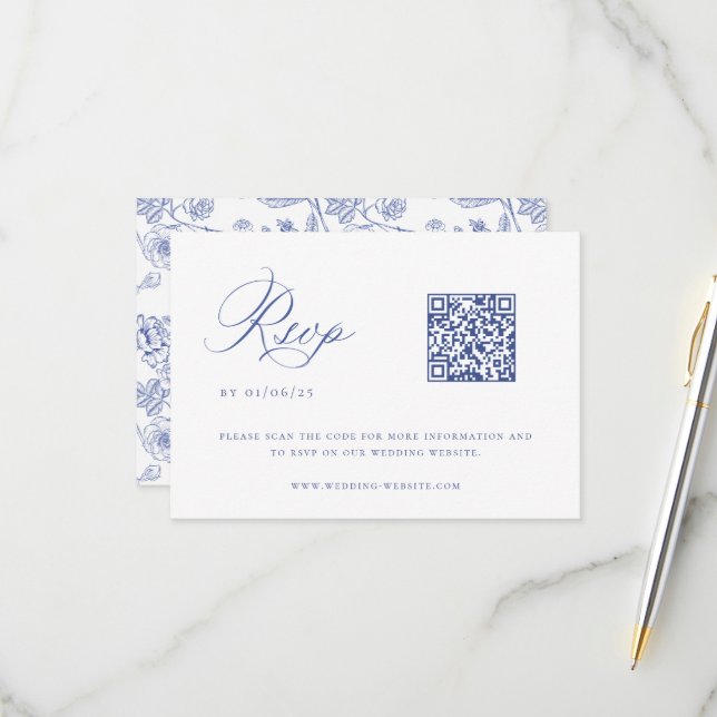Regency Blue Chinoiserie Wedding QR Code RSVP Card (Front/Back In Situ)