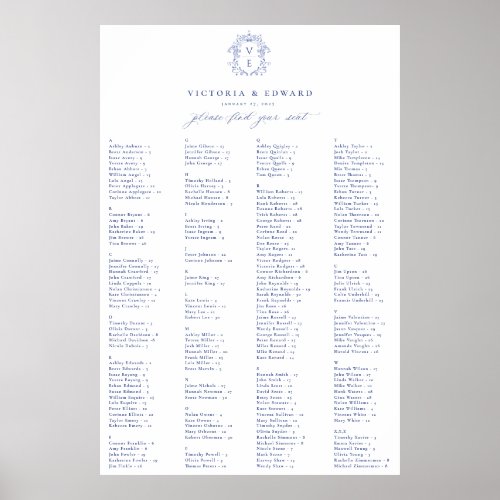 Regency Blue Crest Alphabetical Seating Plan Poster