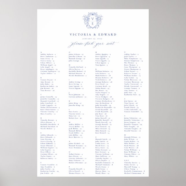 Regency Blue Crest Alphabetical Seating Plan Poster (Front)