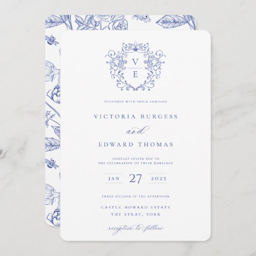 Regency Blue Crest Monogram Invitation