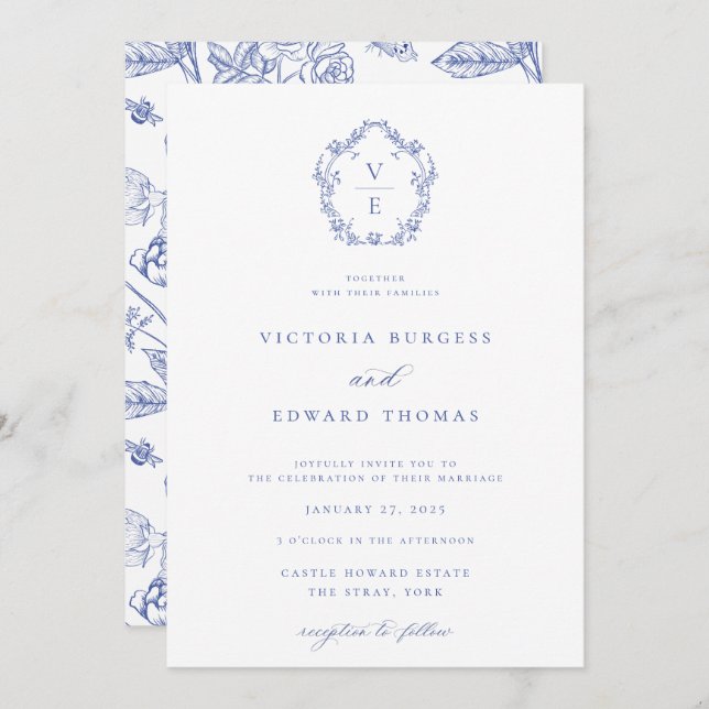 Regency Blue Crest Monogram Wedding Invitation (Front/Back)