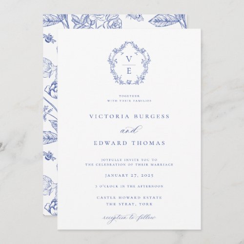 Regency Blue Crest Monogram Wedding Invitation