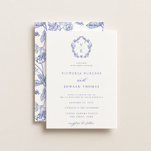 Regency Blue Crest Monogram Wedding Invitation