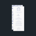 Regency Blue Crest Monogram Wedding Menu<br><div class="desc">Vintage Regency Blue Crest monogram,  wedding menu. Vintage inspired Baroque style crest with coordinating blue typography. Features,  elegant Chinoiserie Style garden floral pattern backing.</div>