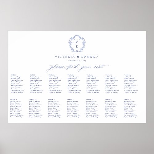 Regency Blue Crest Monogram Wedding Seating Chart