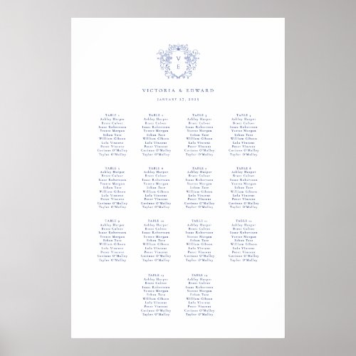 Regency Blue Crest Monogram Wedding Seating Chart