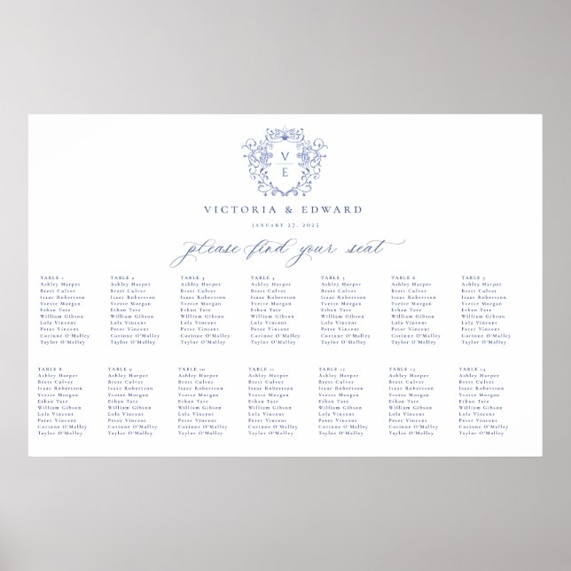 Regency Blue Crest Monogram Wedding Seating Chart (Front)