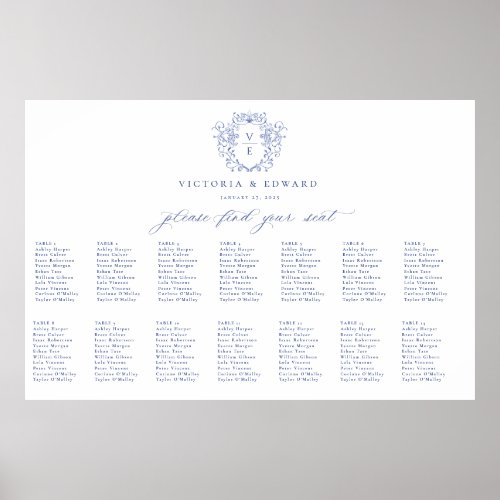 Regency Blue Crest Monogram Wedding Seating Chart