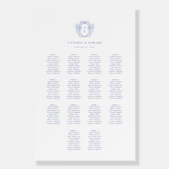 Regency Blue Crest Monogram Wedding Seating Chart Foam Board (Front)