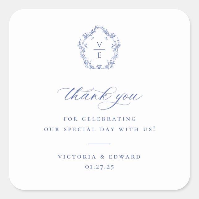 Regency Blue Crest Monogram Wedding Thank You Square Sticker (Front)