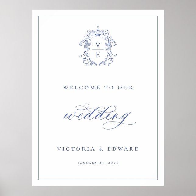 Regency Blue Crest Monogram Wedding Welcome Poster (Front)