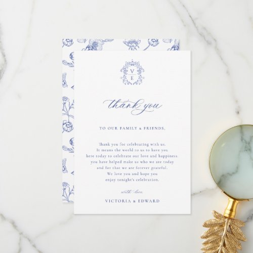 Regency Blue Crest Wedding Reception Table Thank You Card