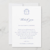 Regency Blue Crest Wedding Reception Table Thank You Card (Front)