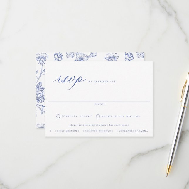Regency Blue Floral Meal Choice Wedding RSVP Card (Front/Back In Situ)